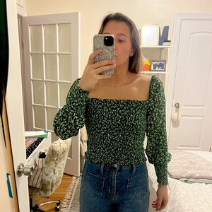 Reformation green ruched puff long sleeve blouse